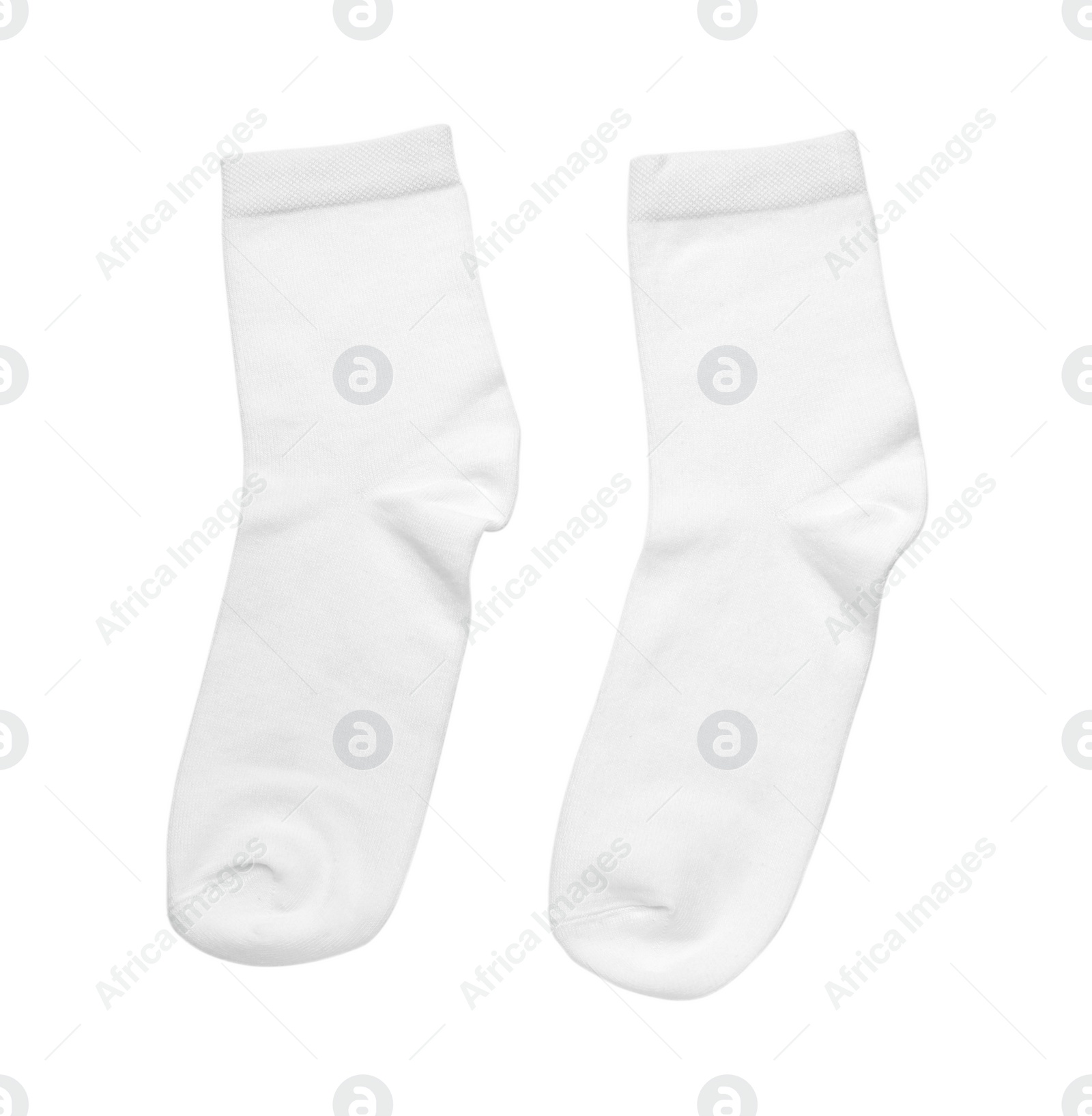 Photo of Pair of new socks isolated on white, top view