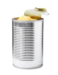 Open tin can of mangoes isolated on white