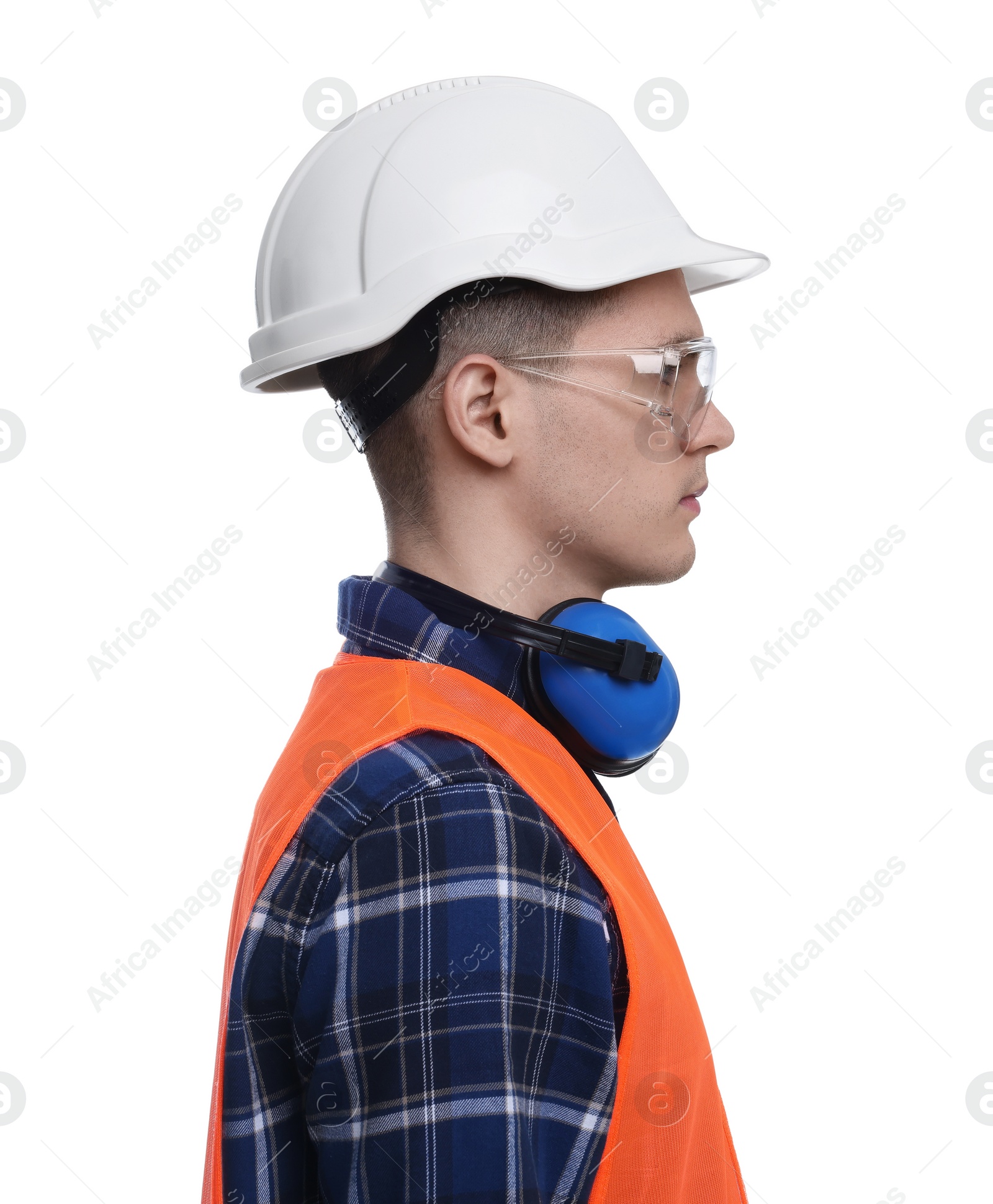 Photo of Young man wearing safety equipment on white background