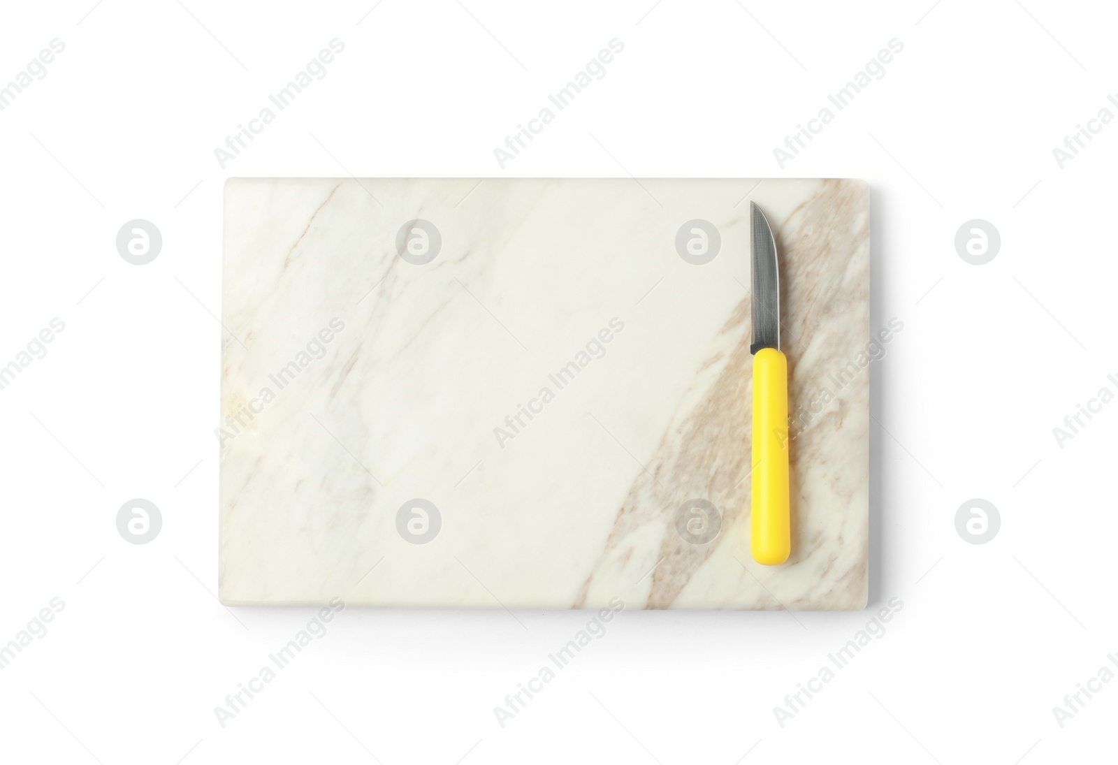 Photo of Sharp paring knife with marble board isolated on white, top view