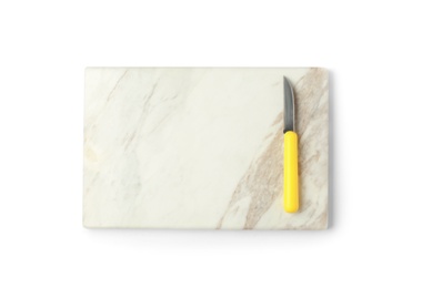 Photo of Sharp paring knife with marble board isolated on white, top view