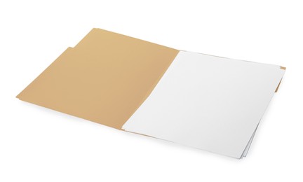 Photo of Yellow file with blank sheets of paper isolated on white