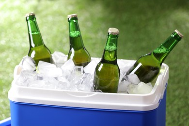 Photo of Blue plastic cool box with bottles of beer and ice cubes on blurred green background