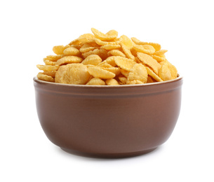 Photo of Bowl of tasty corn flakes isolated on white