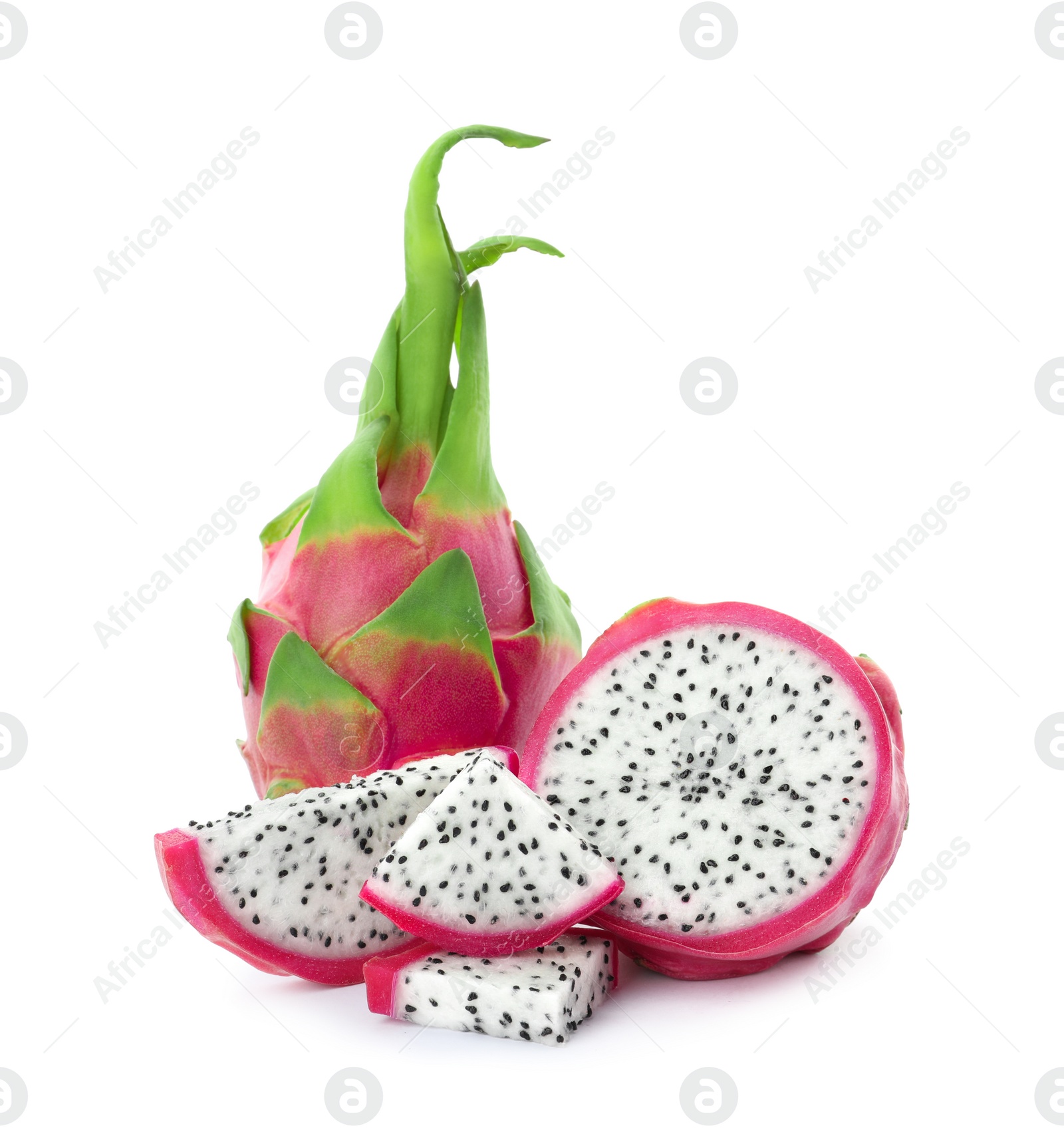 Photo of Delicious cut and whole dragon fruits (pitahaya) on white background