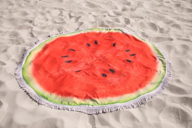 Photo of Beautiful watermelon beach towel with tassels on sand