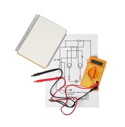Photo of Wiring diagram, digital multimeter and notepad isolated on white, top view