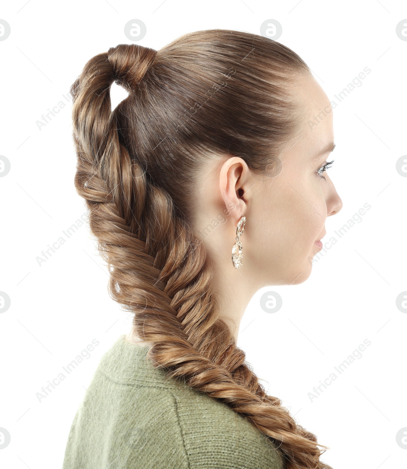 Photo of Woman with braided hair on white background