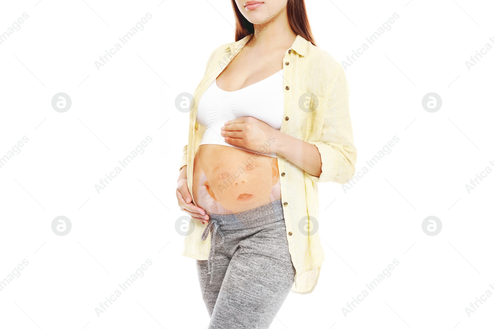 Image of Double exposure of pregnant woman and cute baby on white background