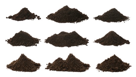 Image of Set with piles of fertile soil on white background