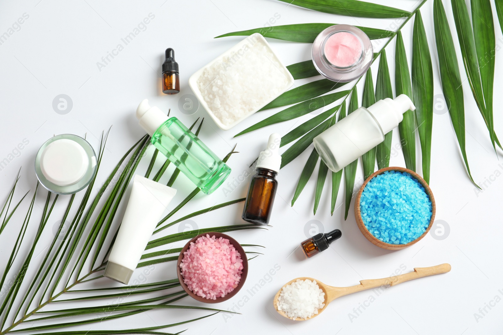 Photo of Flat lay composition with cosmetic products on white background