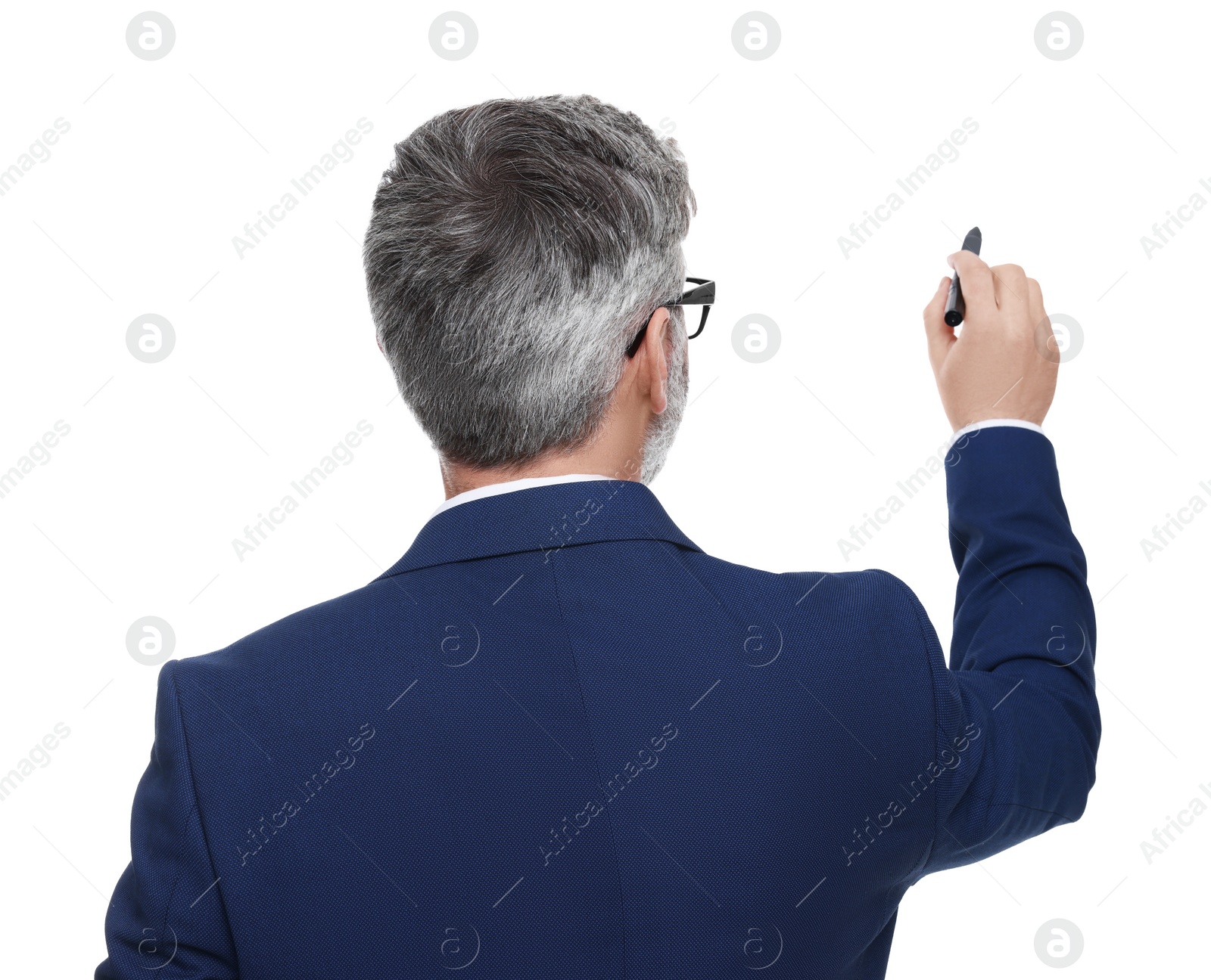 Photo of Mature businessman with marker on white background, back view