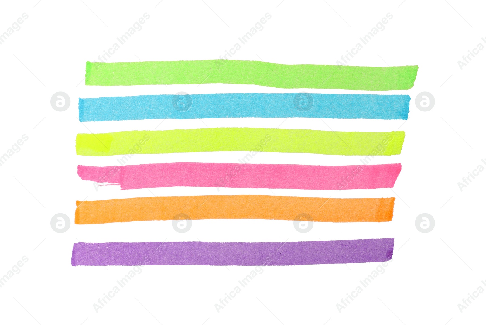 Photo of Colorful stripes drawn with markers isolated on white, top view