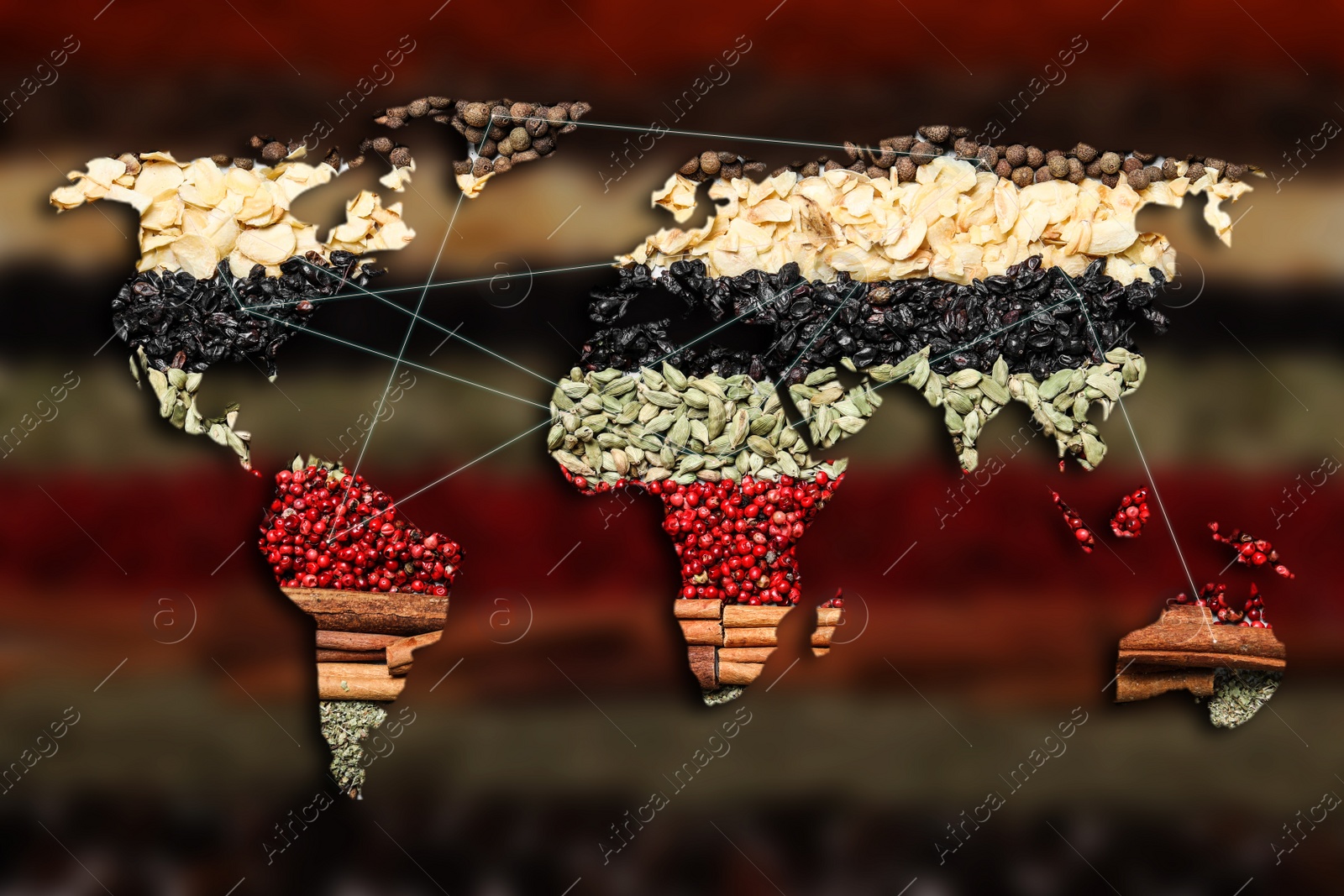 Image of Double exposure of world map and different spices on blurred background. Logistic and wholesale concept