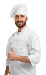 Photo of Mature chef showing thumbs up on white background