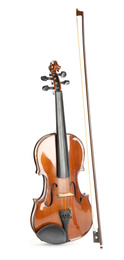 Photo of Classic violin and bow on white background. Musical instrument