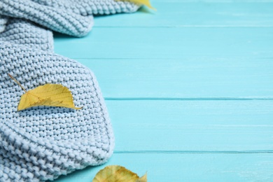 Knitted plaid and dry leaves on light blue wooden table, closeup. Space for text