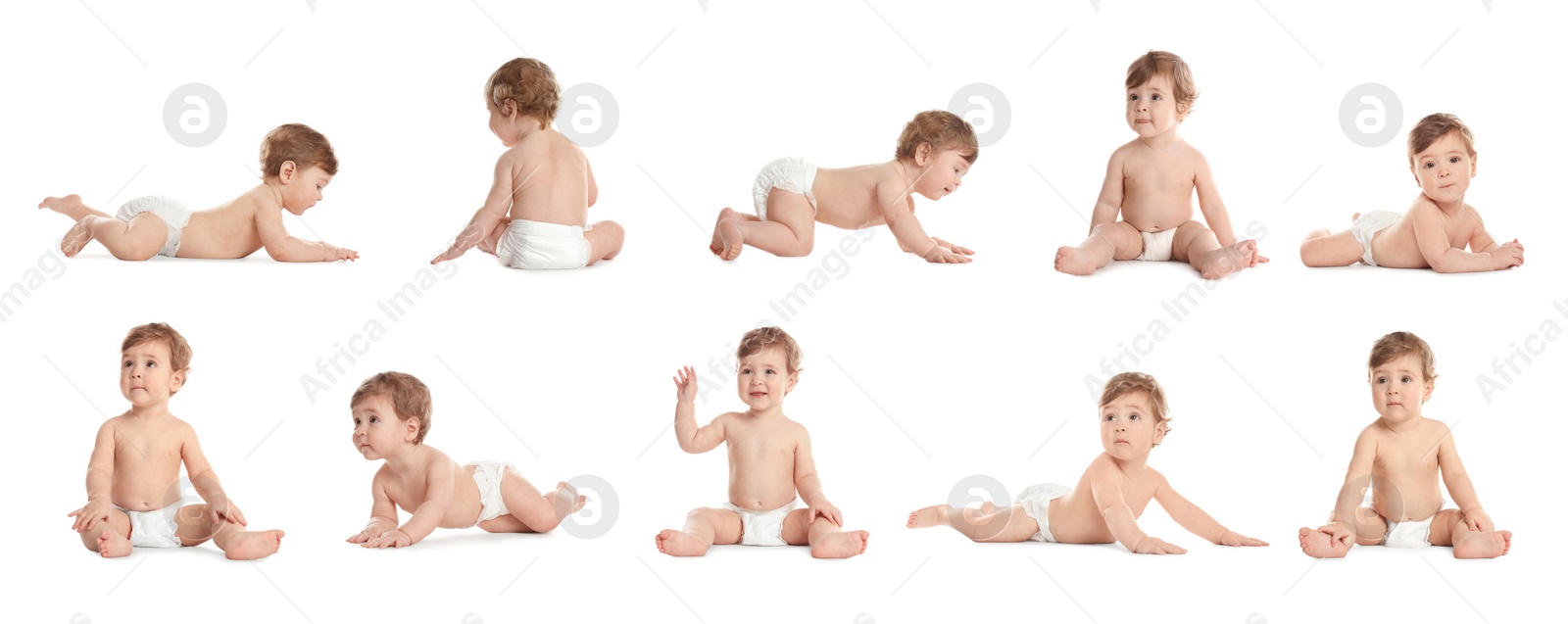 Image of Collage with photos of cute little baby in diaper on white background. Banner design