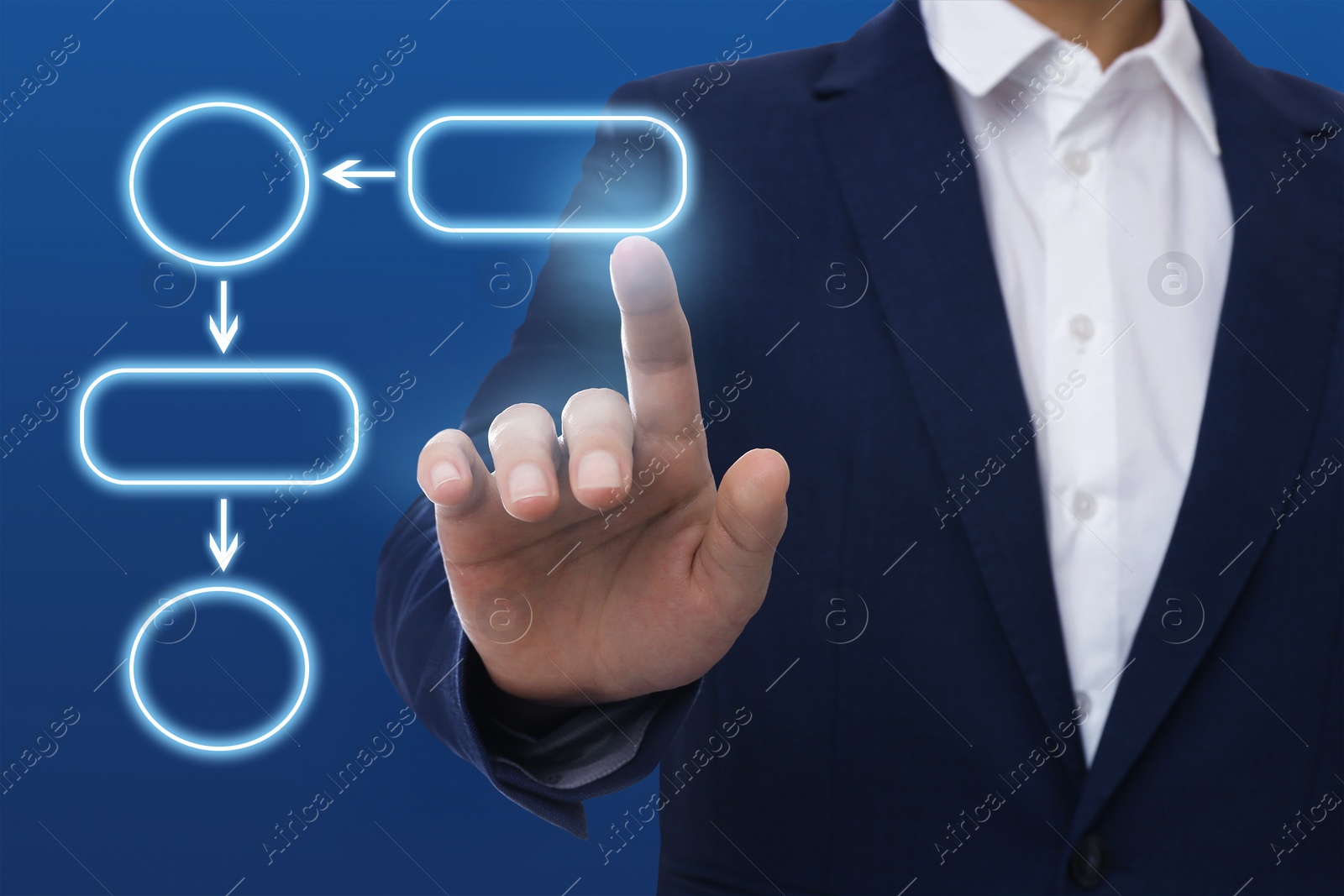 Image of Man pointing at flowchart on virtual screen against blue background, closeup. Business process