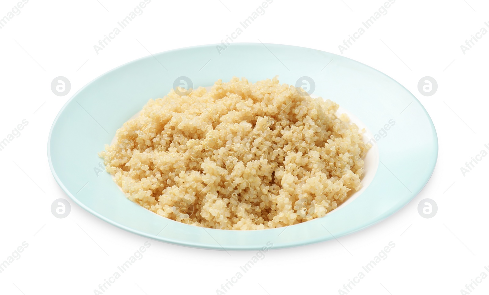 Photo of Plate with tasty cooked quinoa isolated on white