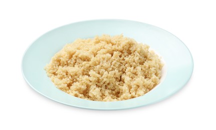 Photo of Plate with tasty cooked quinoa isolated on white