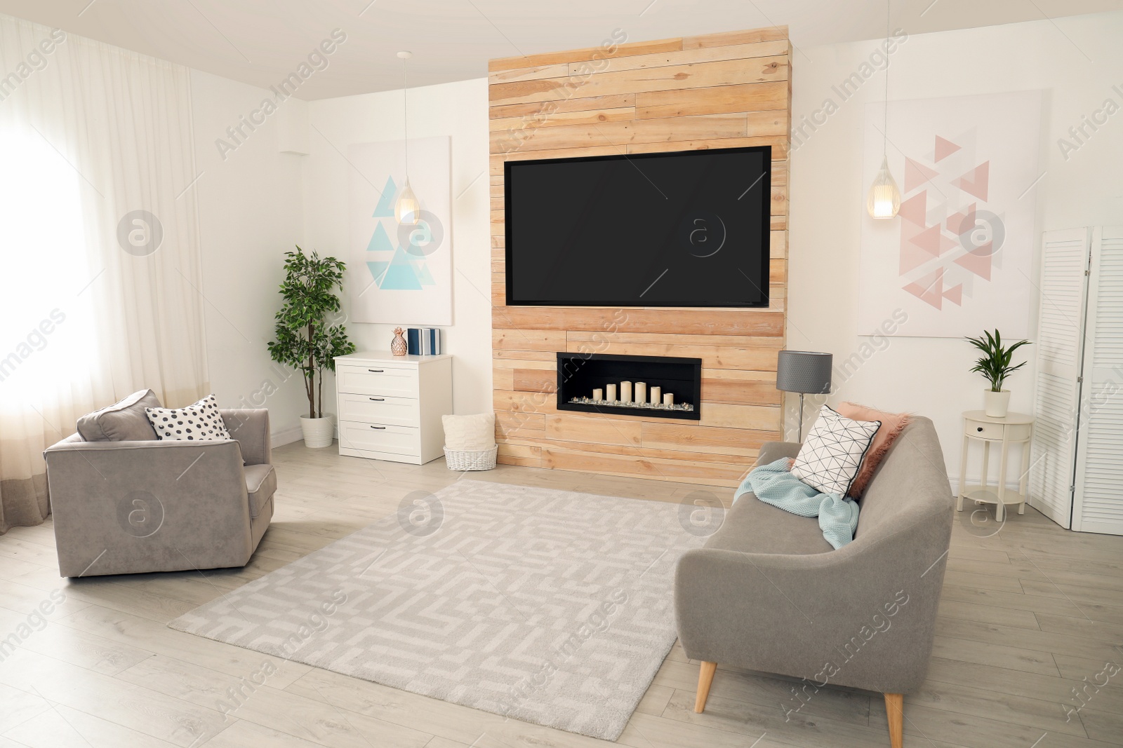 Photo of Living room interior with modern TV on wooden wall