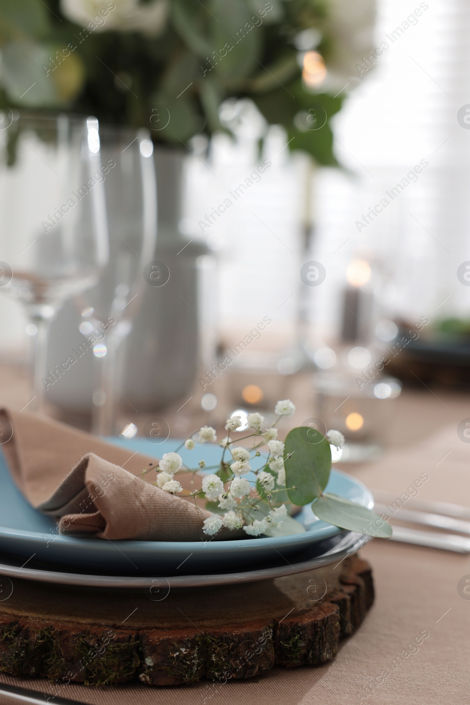 Photo of Festive table setting with beautiful tableware and decor, closeup