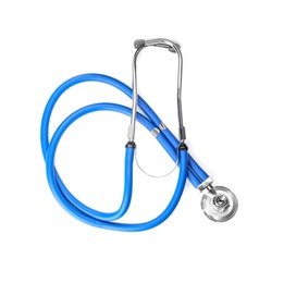 Photo of Stethoscope on white background, top view. Medical object