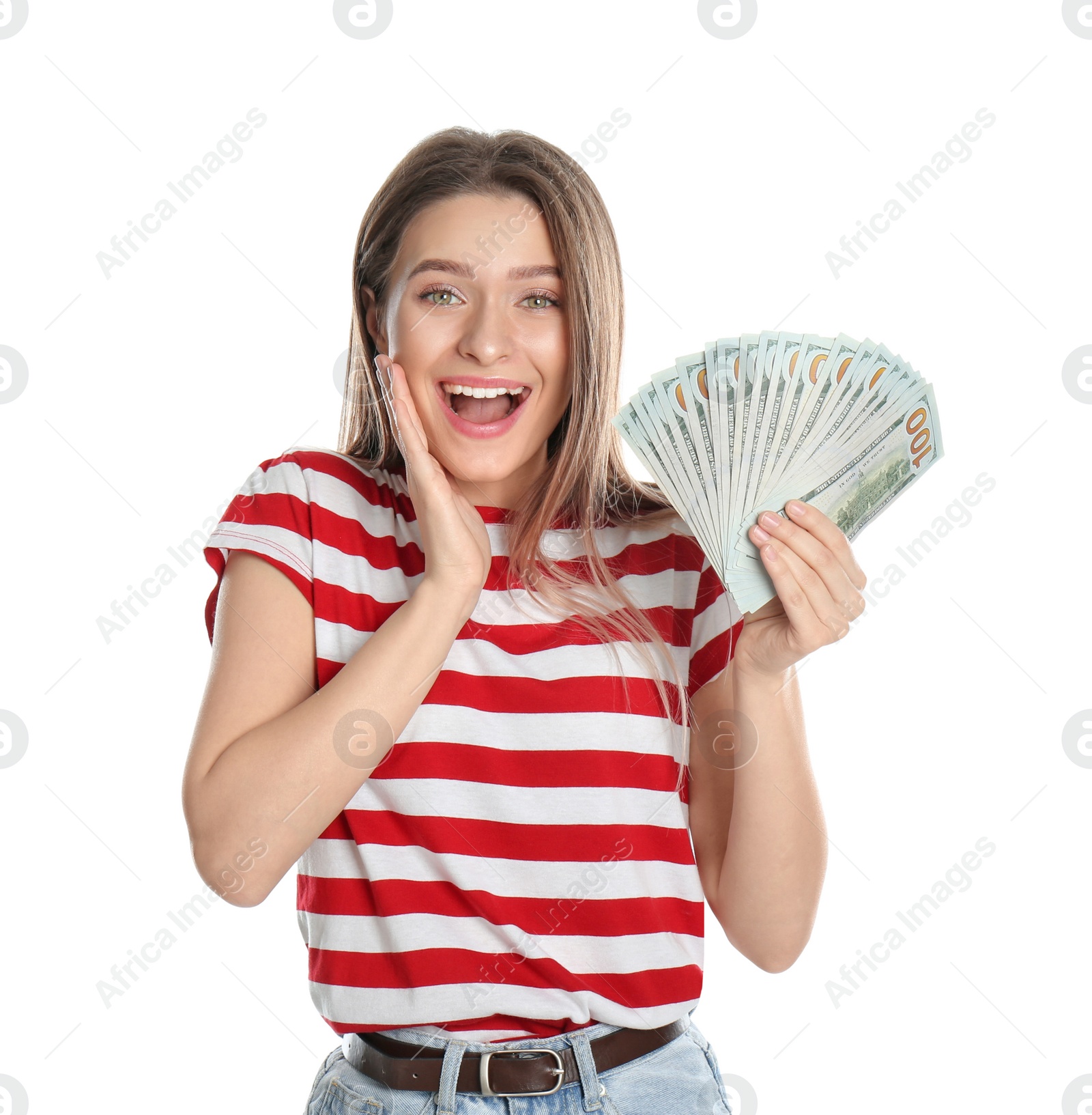 Photo of Emotional young woman with money on white background