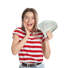 Emotional young woman with money on white background