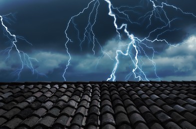 Image of Dark cloudy sky with lightning. Stormy weather