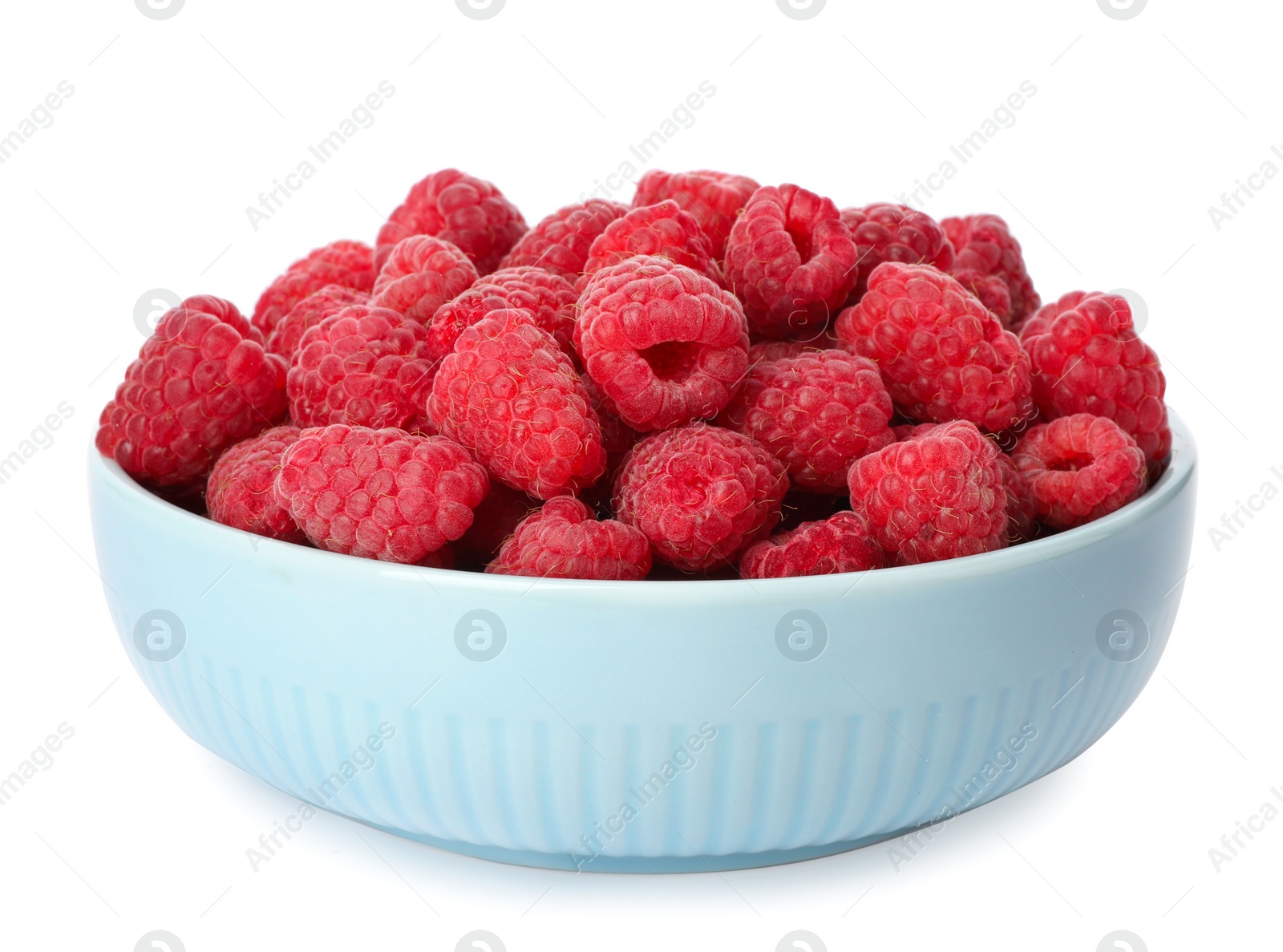 Photo of Bowl of delicious fresh ripe raspberries on white background