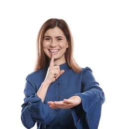 Woman showing HUSH gesture in sign language on white background