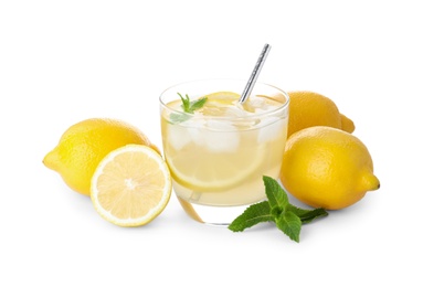 Photo of Natural lemonade with mint and fresh fruits on white background. Summer refreshing drink