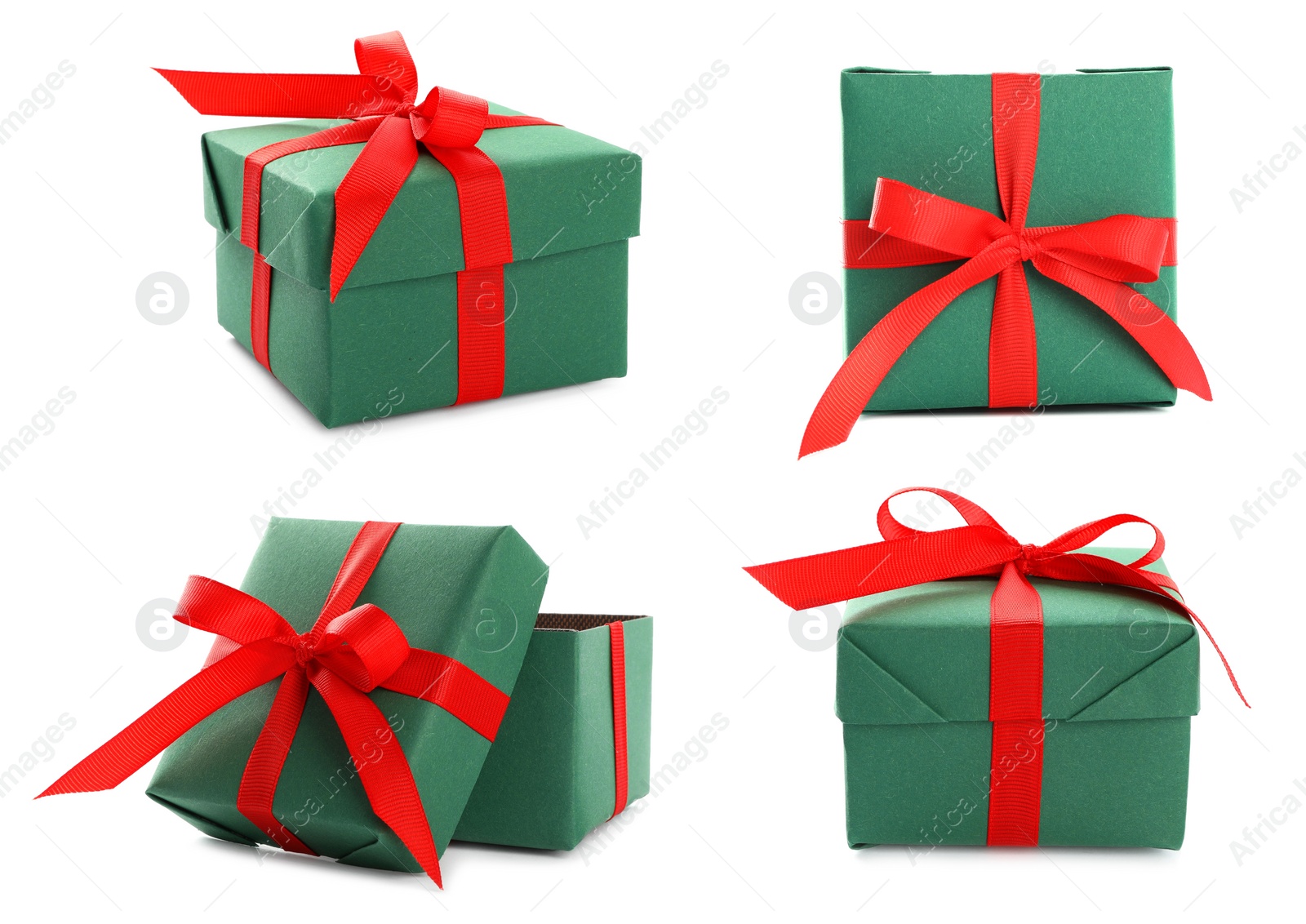 Image of Collage with Christmas gift box on white background, views from different sides