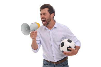 Emotional sports fan with soccer ball and megaphone on white background