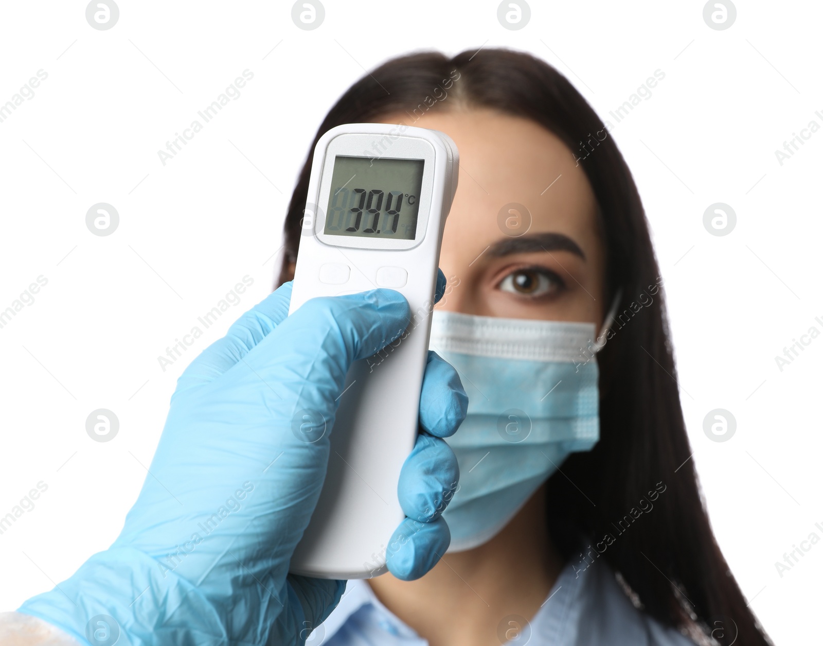 Photo of Doctor measuring woman's temperature on white background, closeup. Prevent spreading of Covid-19