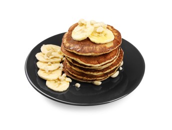 Plate of banana pancakes isolated on white