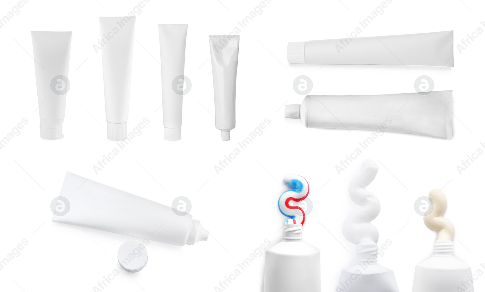 Image of Collage with different toothpastes on white background, top view