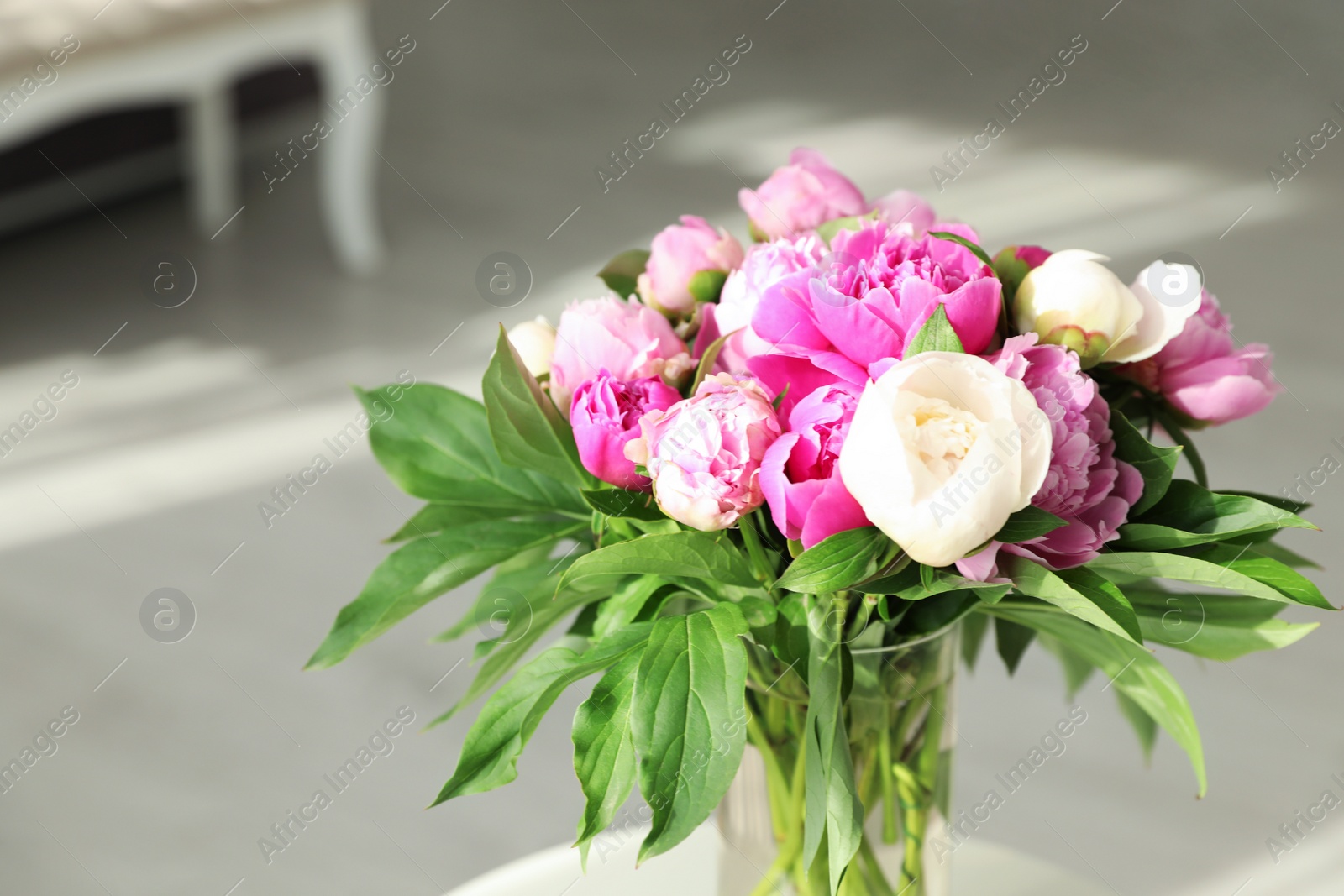 Photo of Vase with bouquet of beautiful peonies in room, space for text