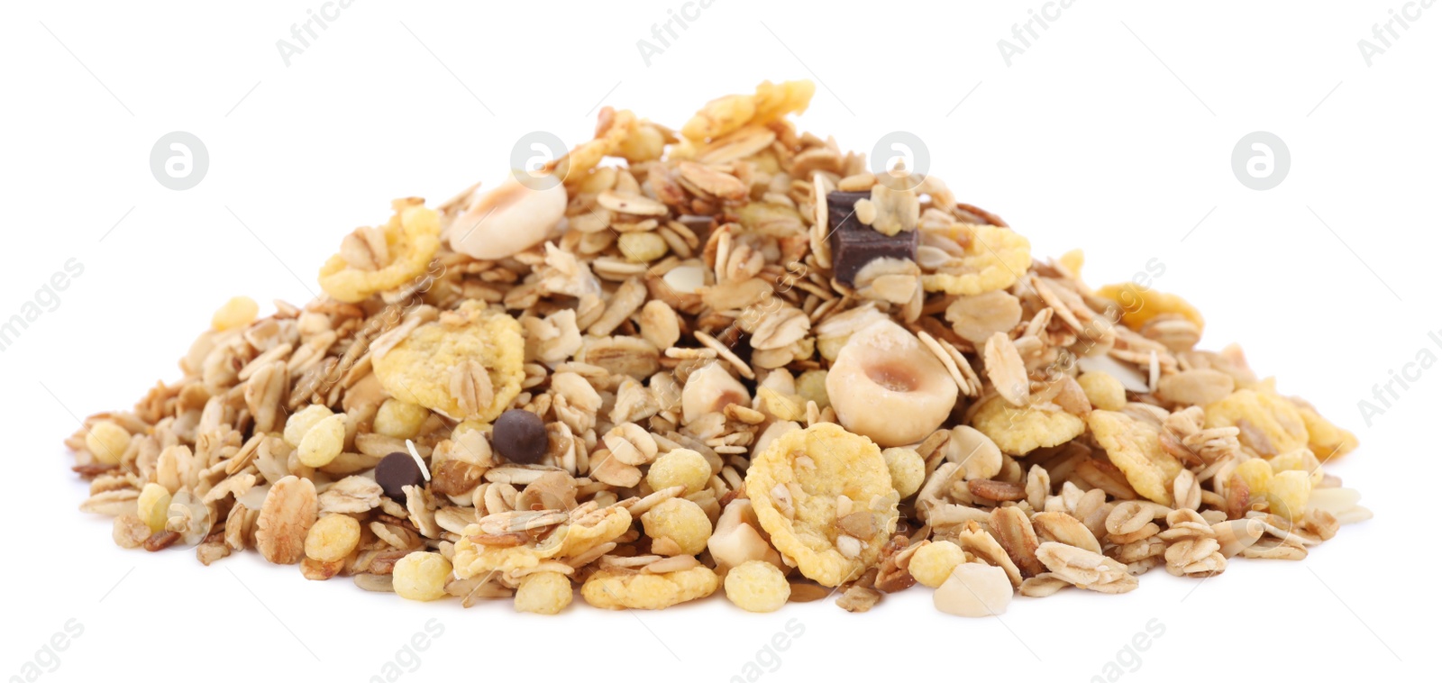 Photo of Heap of fresh muesli on white background