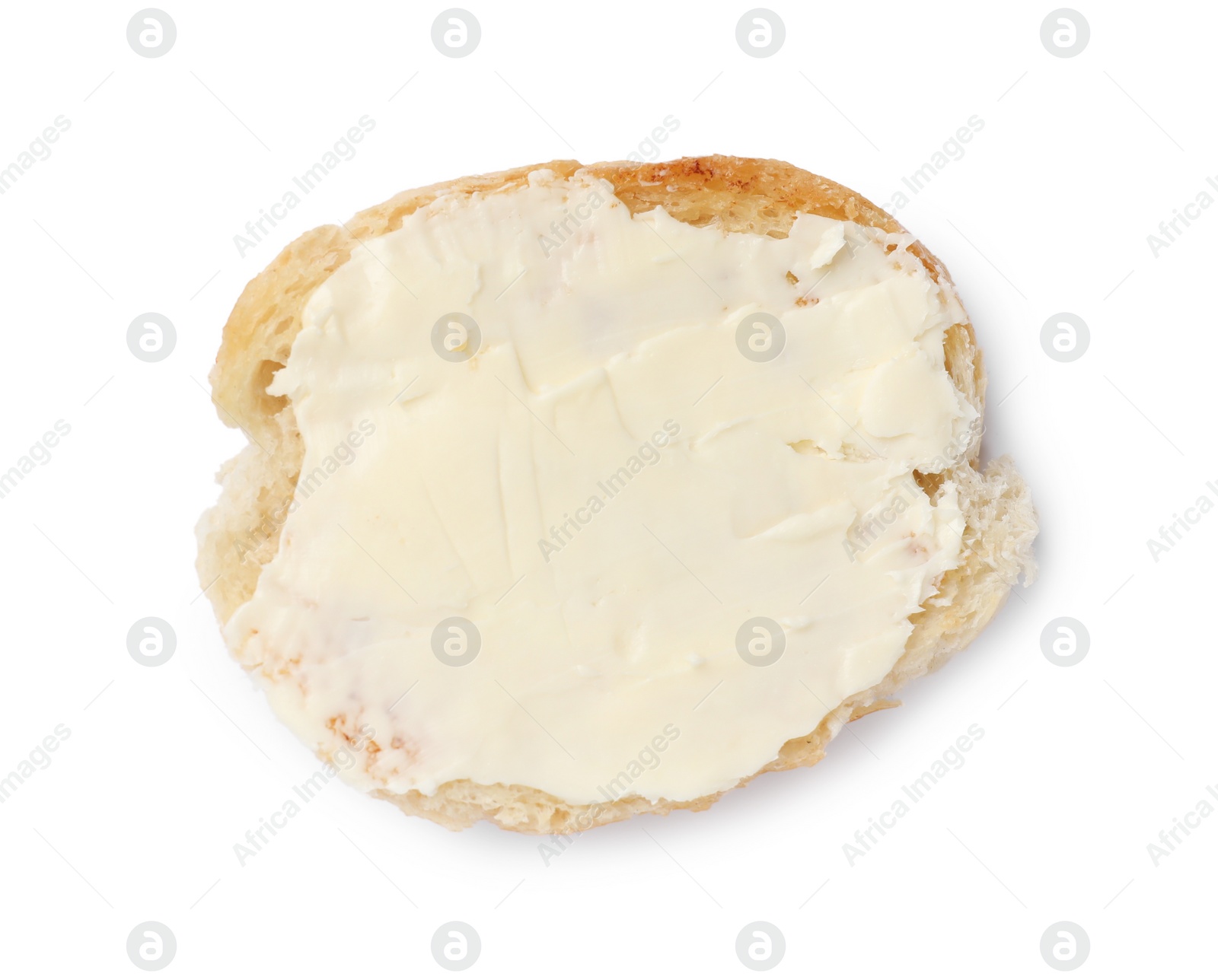 Photo of Piece of baguette with butter isolated on white, top view