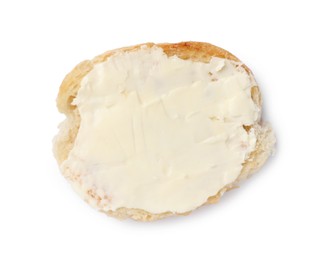 Photo of Piece of baguette with butter isolated on white, top view