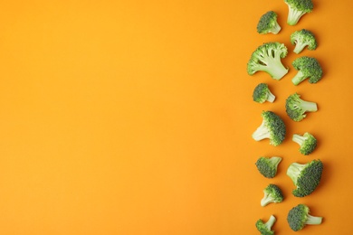 Photo of Flat lay composition with fresh green broccoli on color background. Space for text