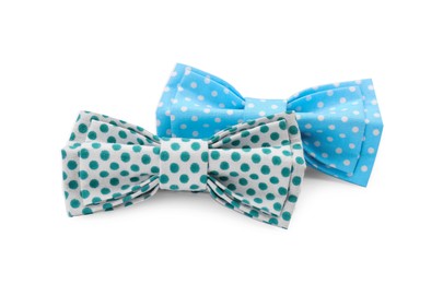 Different stylish bow ties on white background