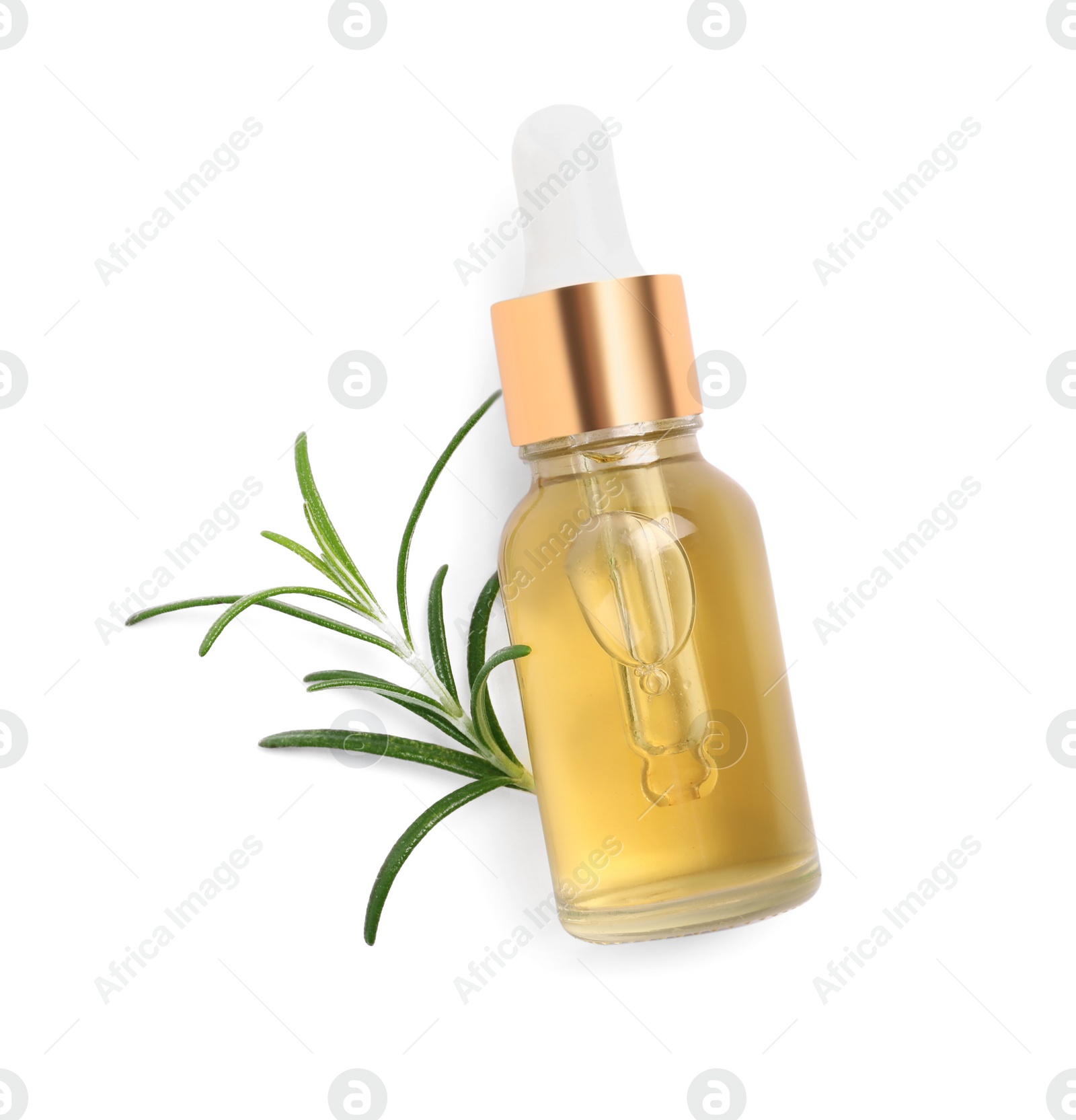 Photo of Sprig of fresh rosemary and essential oil on white background, top view