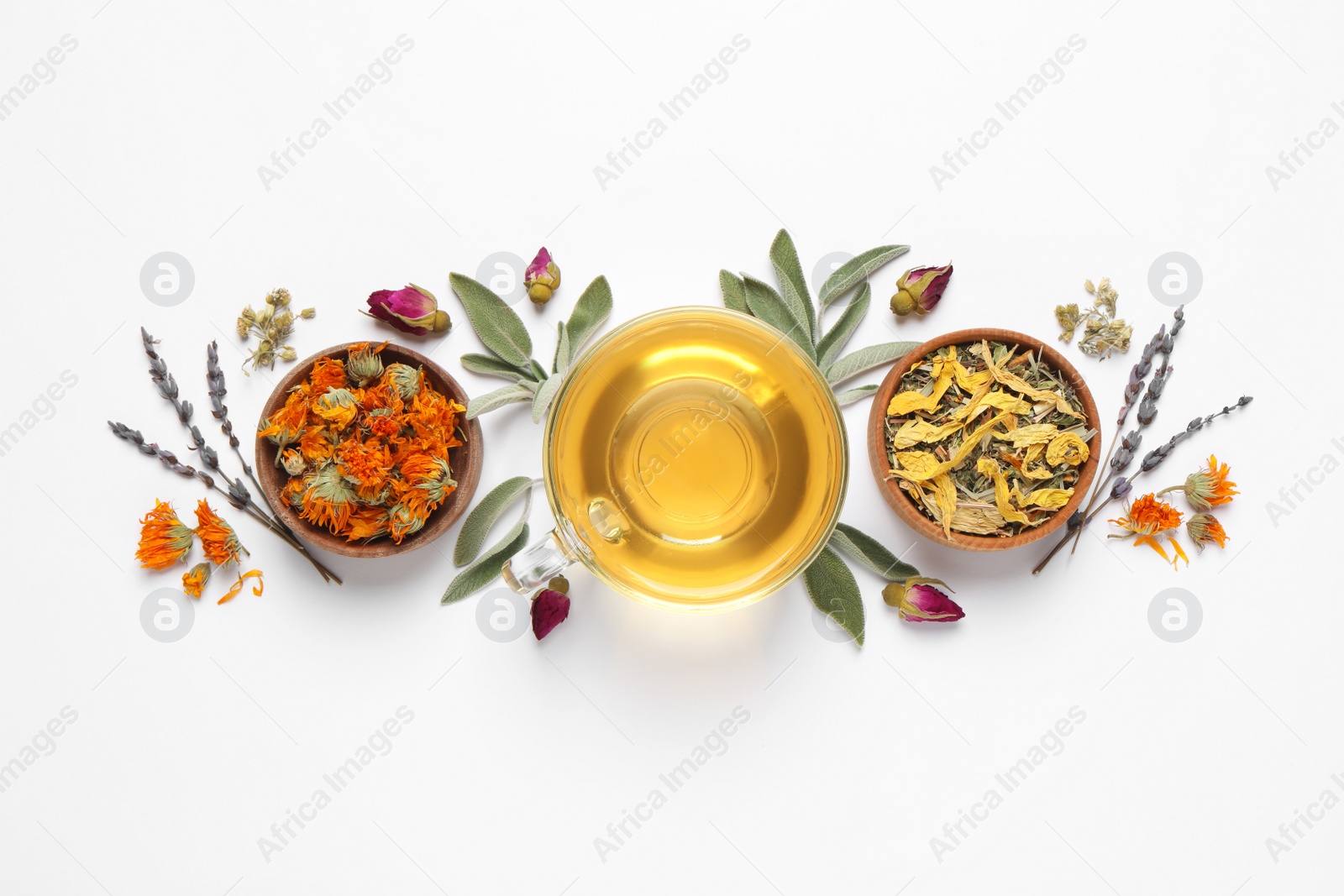 Photo of Freshly brewed tea and dried herbs on white background, top view