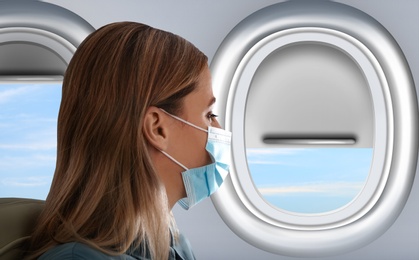 Image of Traveling by airplane during coronavirus pandemic. Woman with face mask near porthole
