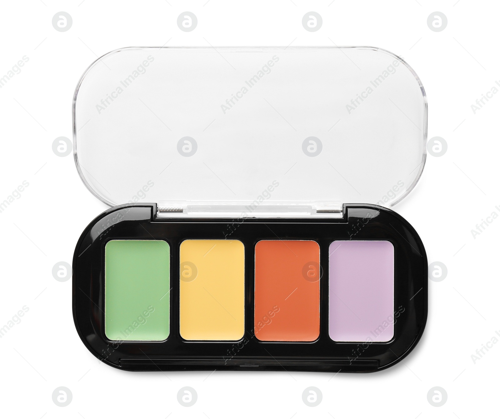 Photo of Colorful correcting concealer palette isolated on white, top view