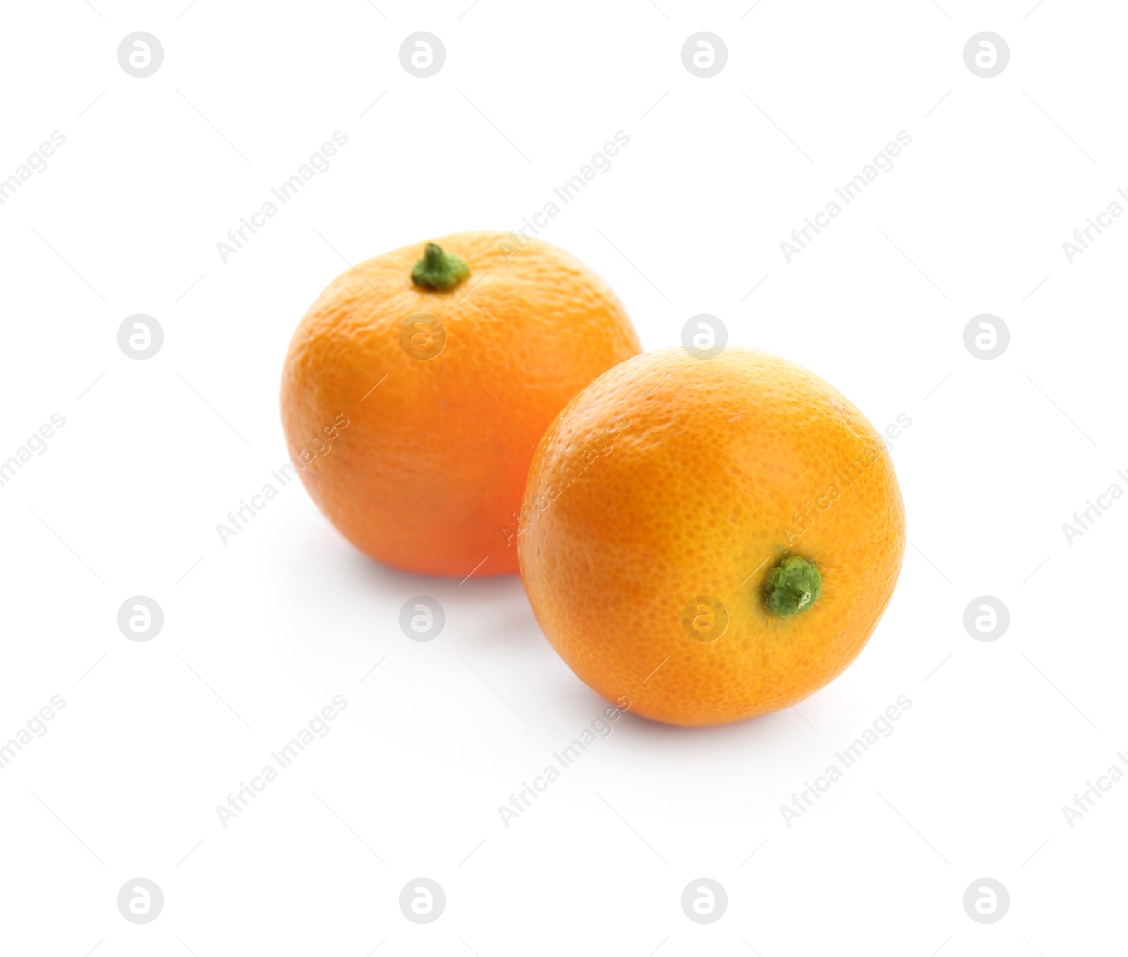 Photo of Ripe tangerines isolated on white. Tasty citrus fruit